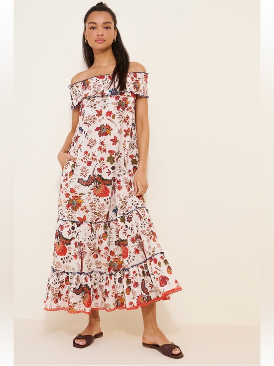 Payal Jain Design Dresses & Skirts - Payal Jain Bohemian Off-Shoulder Floral Maxi Dress in Cream and Red
